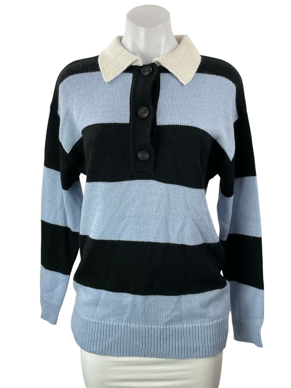 Moon River Women's Blue Black Stripe Colorblock Knit Polo Sweater Top Size XS